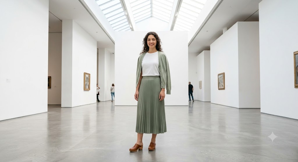 Summer Cashmere Cardigan and Pleated Column Skirt